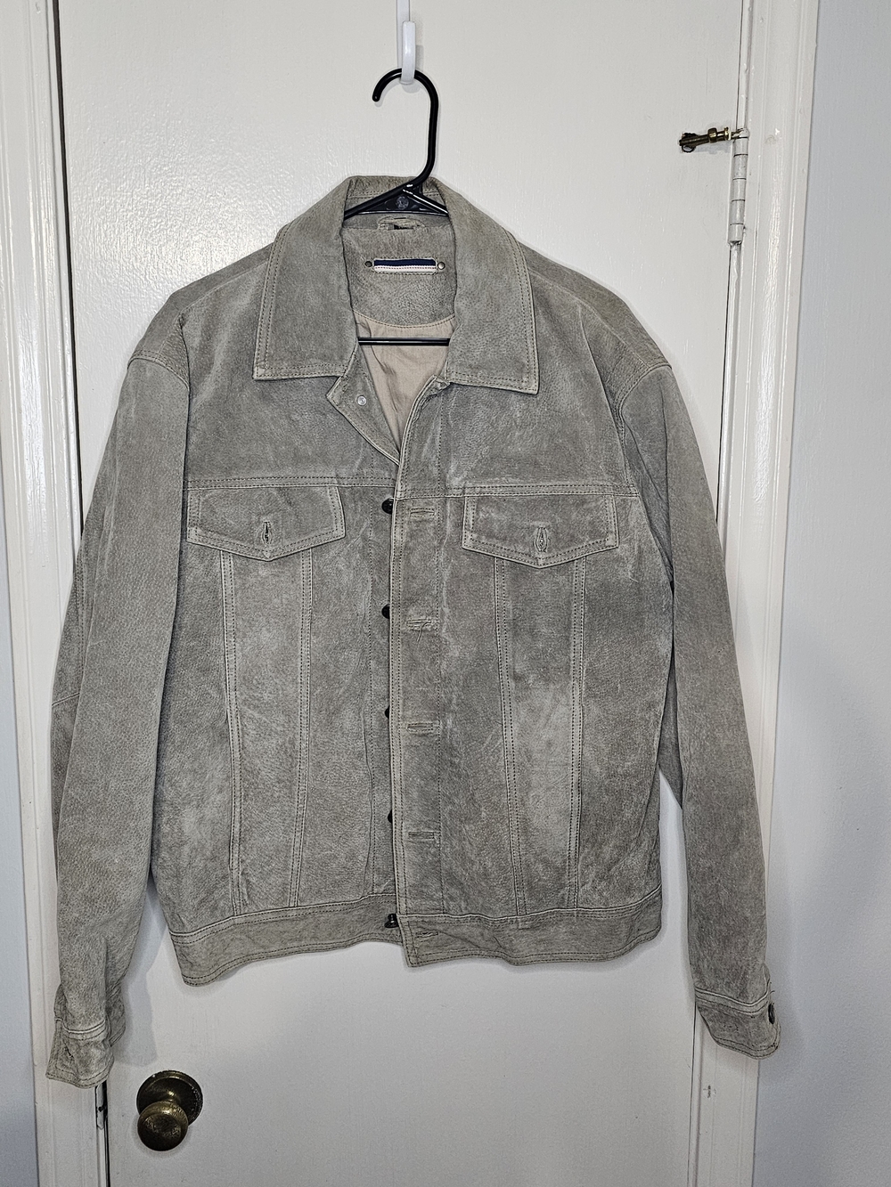 Men's Vintage Gray Suede Leather Button-Front Trucker Jacket Medium